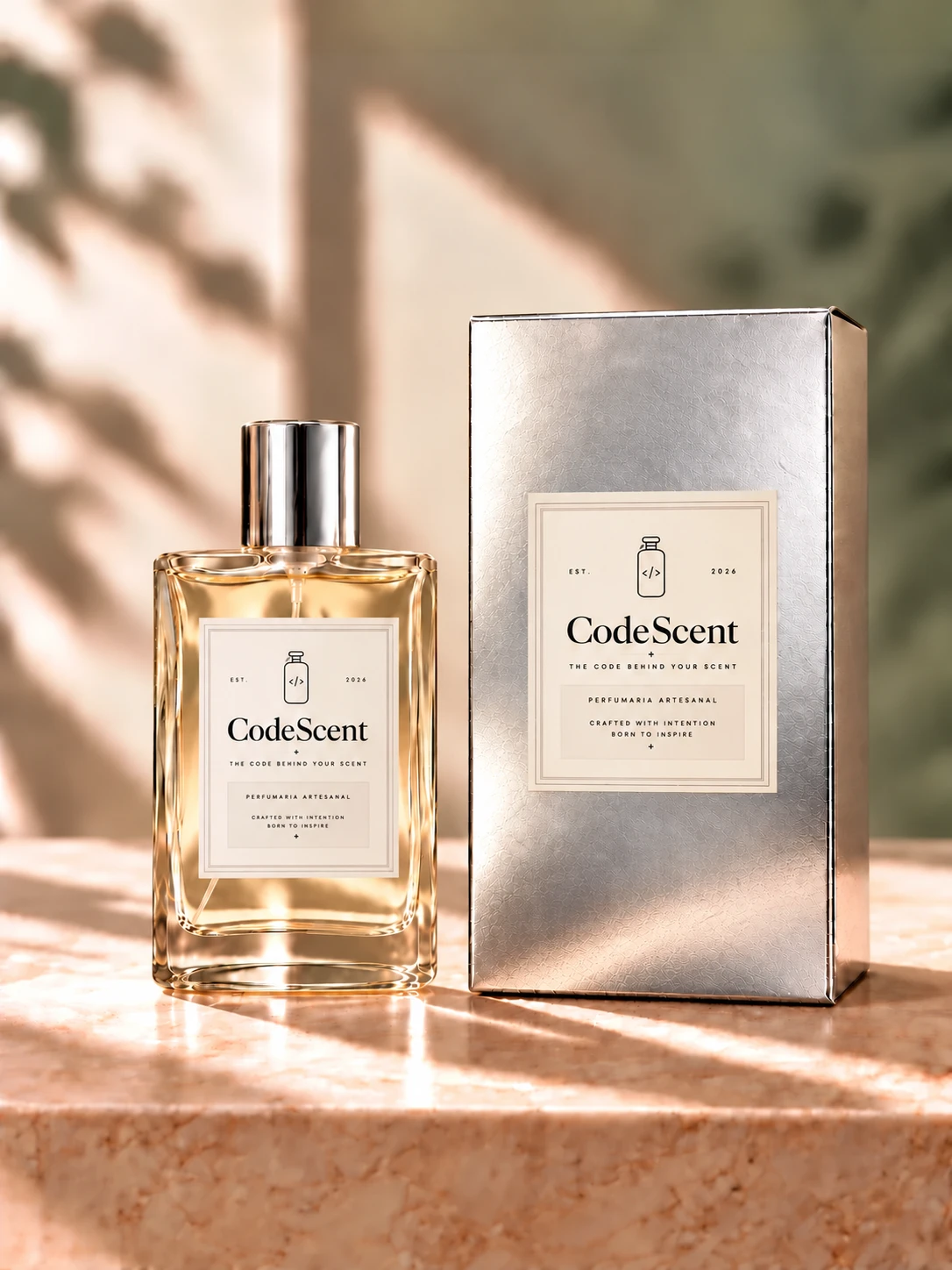 Frasco CodeScent de 50 ml ao lado da caixa da marca